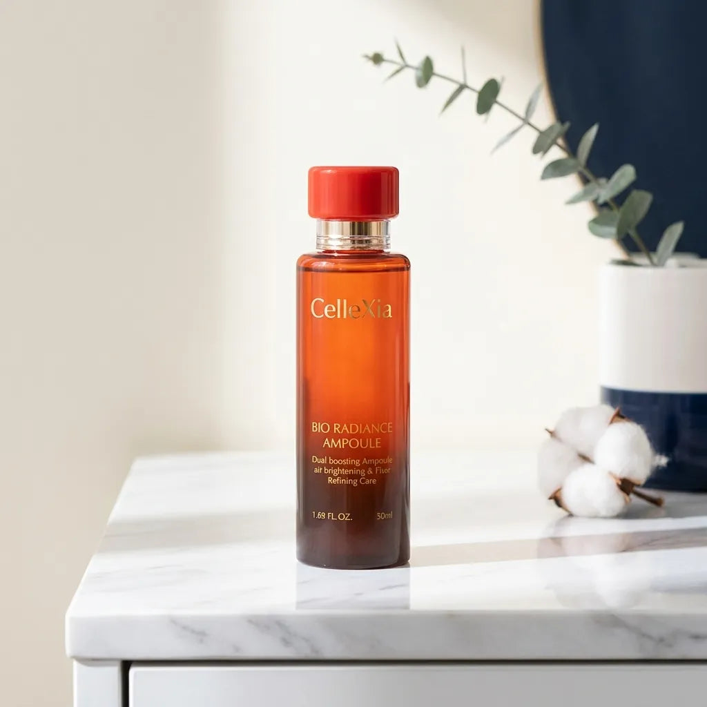 Lifestyle — Celecia Bio Radiance Ampoule on a marble shelf with botanicals, soft natural light