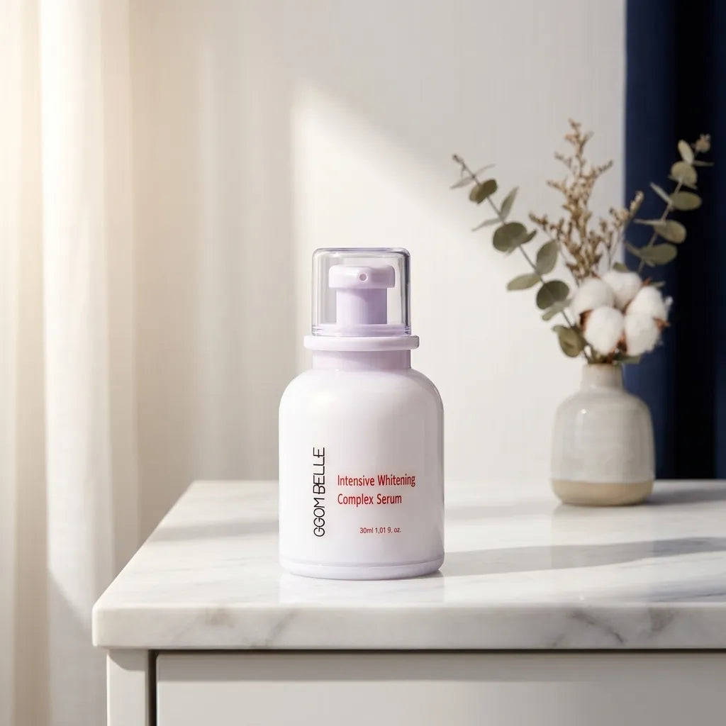 Lifestyle — Combellure Brightening Complex Serum on a marble vanity, soft morning light